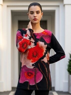 SOFT SURROUNDINGS Cortina Sweater Floral Tunic Art To Wear Pink Black Small
